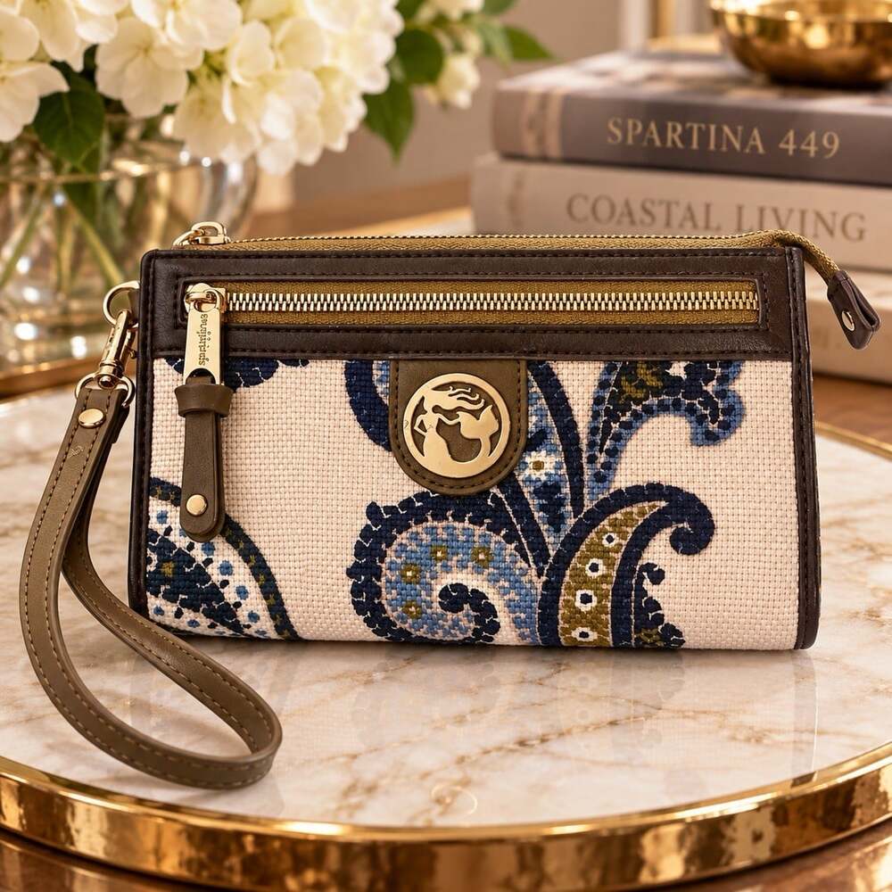 Spartina 449 Wristlet Wallet Linen Paisley Blue Brown Leather Trim Coastal
